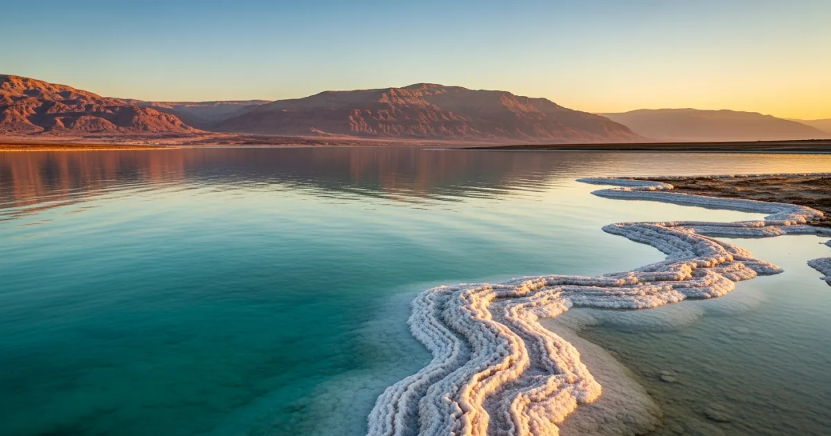 Panoramic view of the Dead Sea at sunrise with salt formations and desert mountains