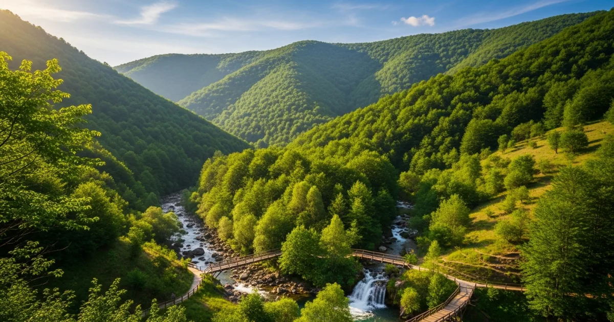 Panoramic view of Devin, Bulgaria, with lush Rhodope Mountains, river, and eco-trail