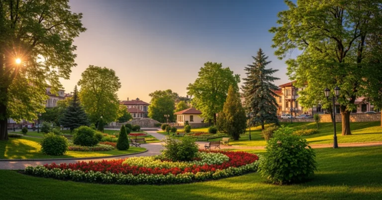 Dobrich 3 City Garden in Dobrich, Bulgaria, with lush greenery and historical buildings