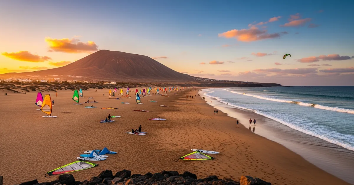 Panoramic view of El Médano beach with Montaña Roja at sunset, showing windsurfers and kitesurfers.