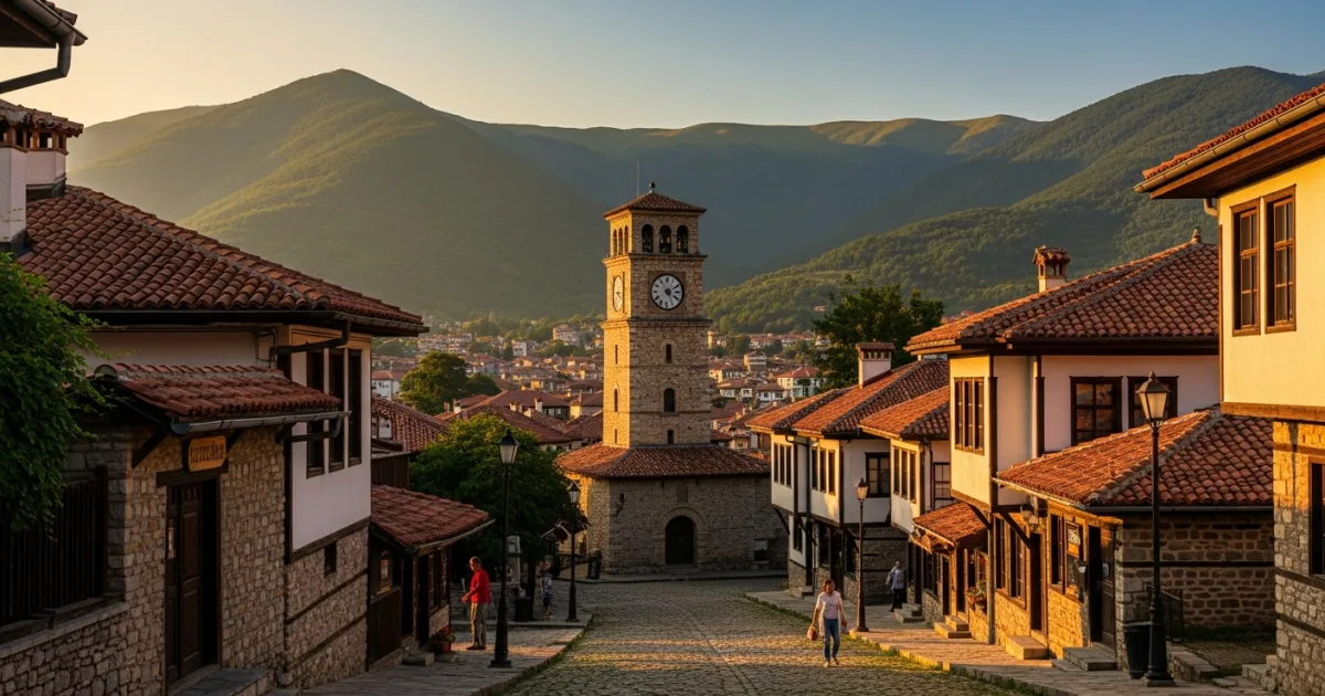 Panoramic view of Elena, Bulgaria, at sunset with traditional houses and the Clock Tower.