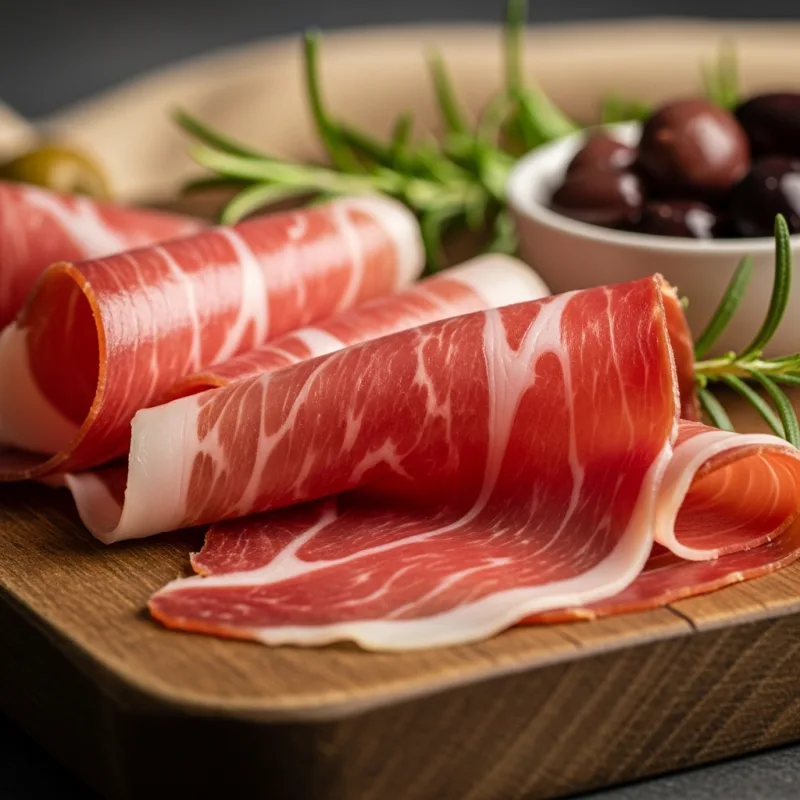 Thinly sliced Elenski but (Elena ham) on a wooden board with rosemary and olives.