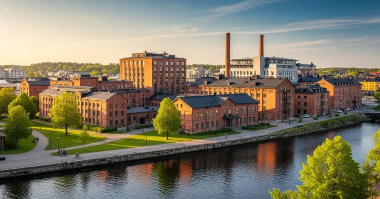 Eskilstuna 1 Panoramic view of Eskilstuna, Sweden, with the river, historic buildings, and green spaces at golden hour.