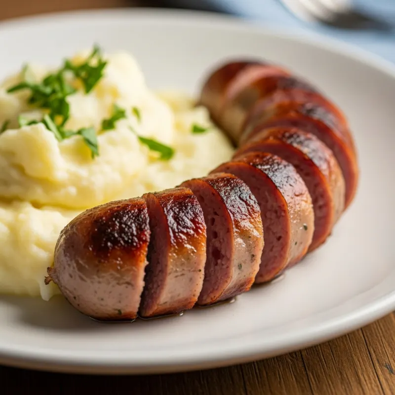 Pan-fried Falukorv sausage with mashed potatoes