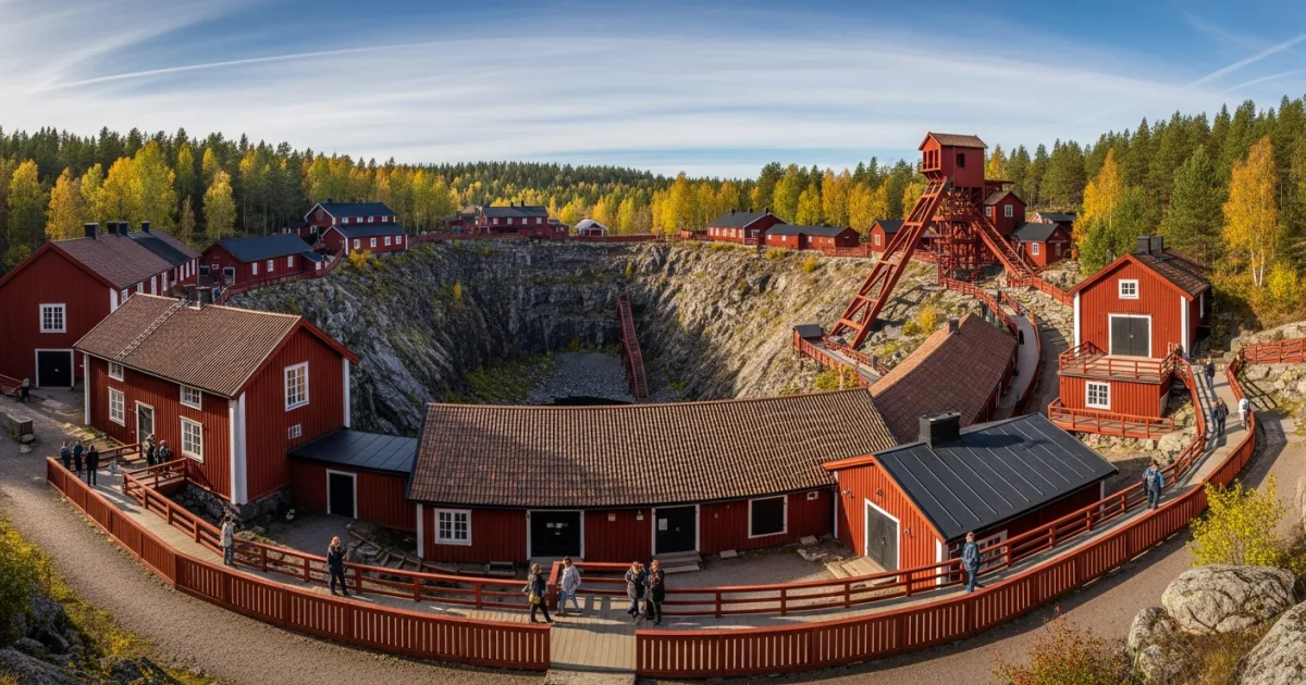 Panoramic view of Falun Copper Mine (Falu Gruva) with red buildings and open pit