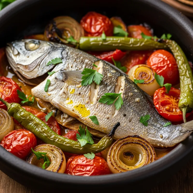 Traditional Bulgarian Fish Plaki baked with vegetables
