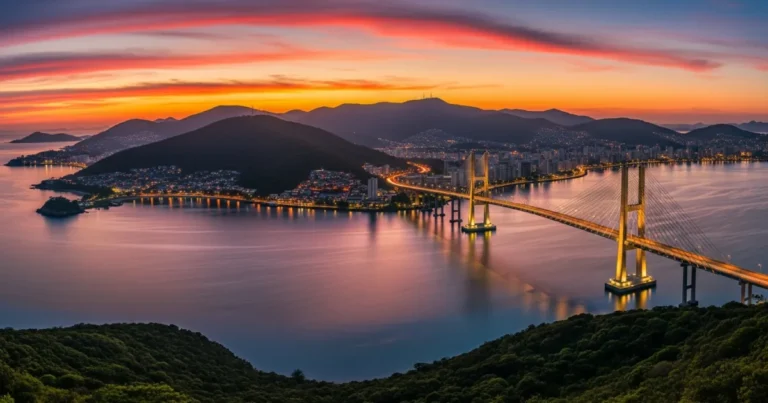 Florianopolis 1 Panoramic sunset view of Florianópolis with the Hercílio Luz Bridge illuminated.