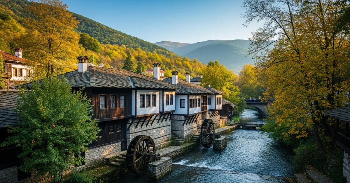 Panoramic view of Etar Architectural-Ethnographic Complex in Gabrovo, Bulgaria, in autumn