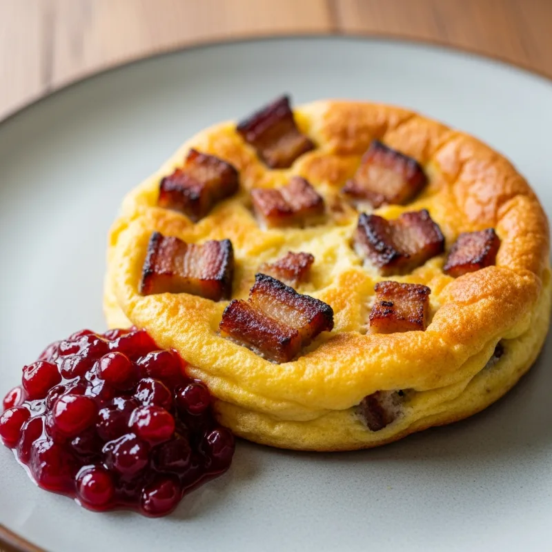 Traditional Skåne Äggakaka with fried pork belly and lingonberry jam
