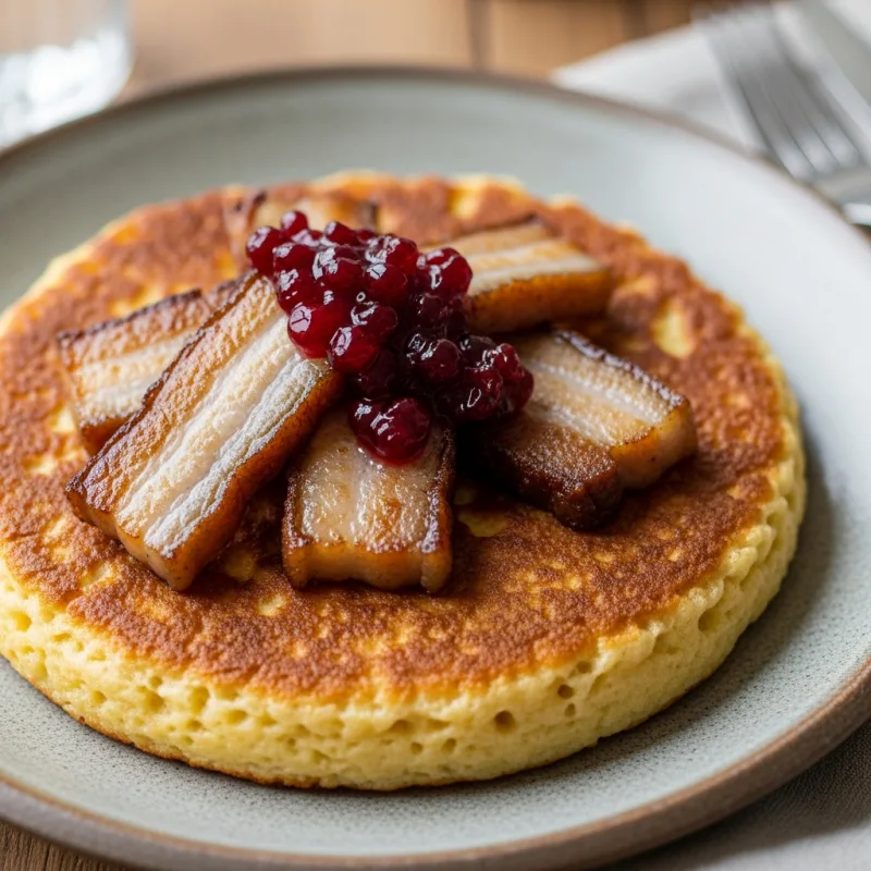 Traditional Swedish Äggakaka with fried pork and lingonberry jam