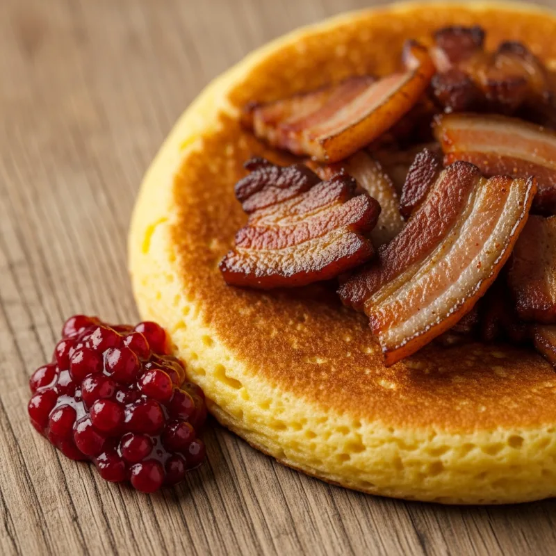 Traditional Skåne Egg Cake (Äggakaka) with fried pork and lingonberry jam