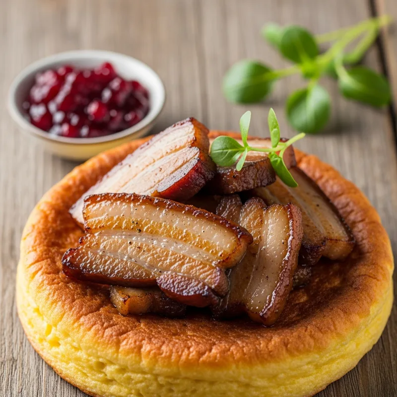 Traditional Skåne Äggakaka with fried pork and lingonberry jam