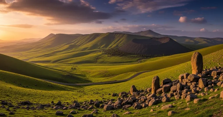 Golan Heights 19 Panoramic sunset view over the rolling hills and volcanic landscape of the Golan Heights, Israel