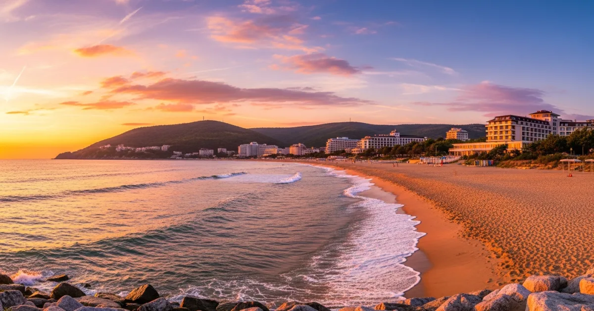 Panoramic view of Golden Sands beach at sunset, with golden sand, Black Sea, and resort hotels in the background.