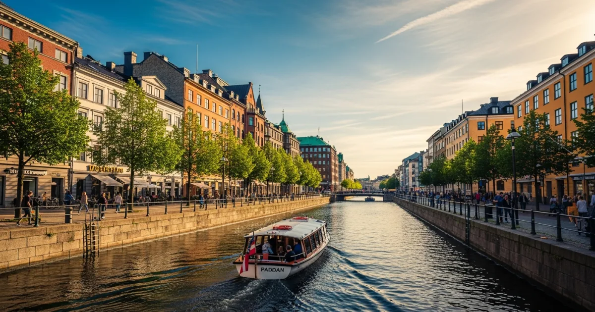 Kungsportsplatsen canal in Gothenburg with a Paddan boat and historic buildings.