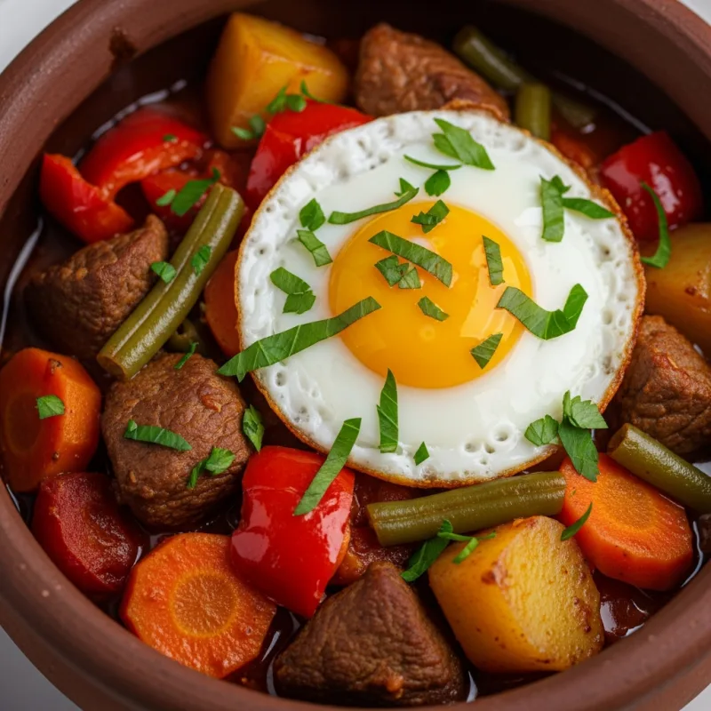 Traditional Bulgarian Gyuvech stew in a clay pot with a fried egg and parsley