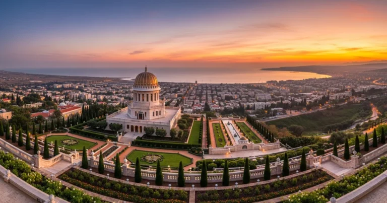 Haifa District 16 Panoramic view of the Baháʼí Gardens in Haifa at sunset