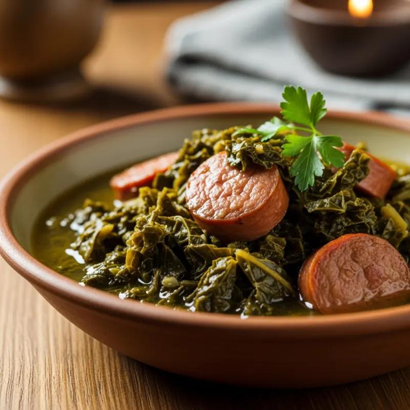 Traditional Swedish Halländsk långkål (kale stew) with pork