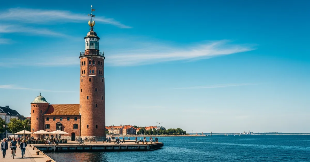 Panoramic view of Helsingborg with Kärnan tower and Öresund strait