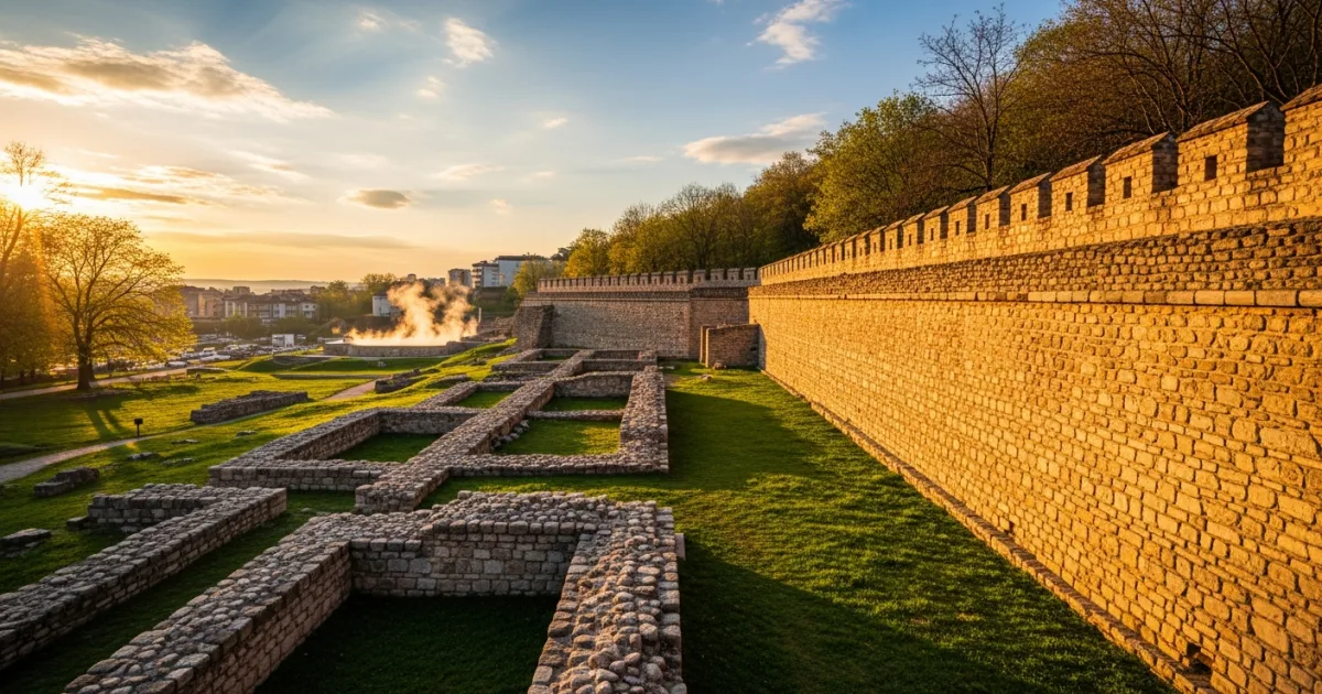 Panoramic view of the ancient Roman fortress walls in Hisarya, Bulgaria at sunset