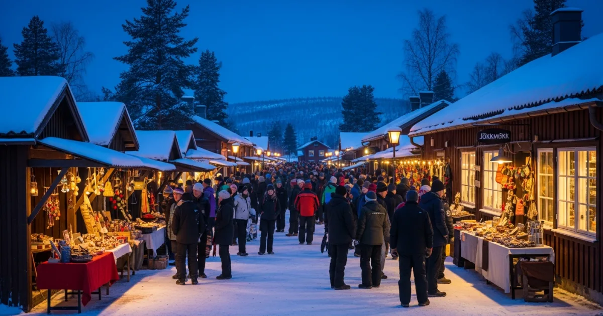 Jokkmokk Winter Market scene with people, stalls, and snow under a twilight sky.