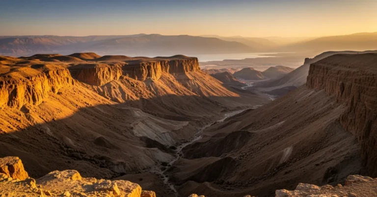 Judea 9 Panoramic view of the Judean Desert at sunrise with the Dead Sea in the distance