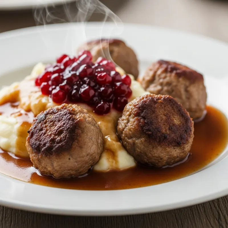 Swedish meatballs (Köttbullar) with mashed potatoes and lingonberry jam