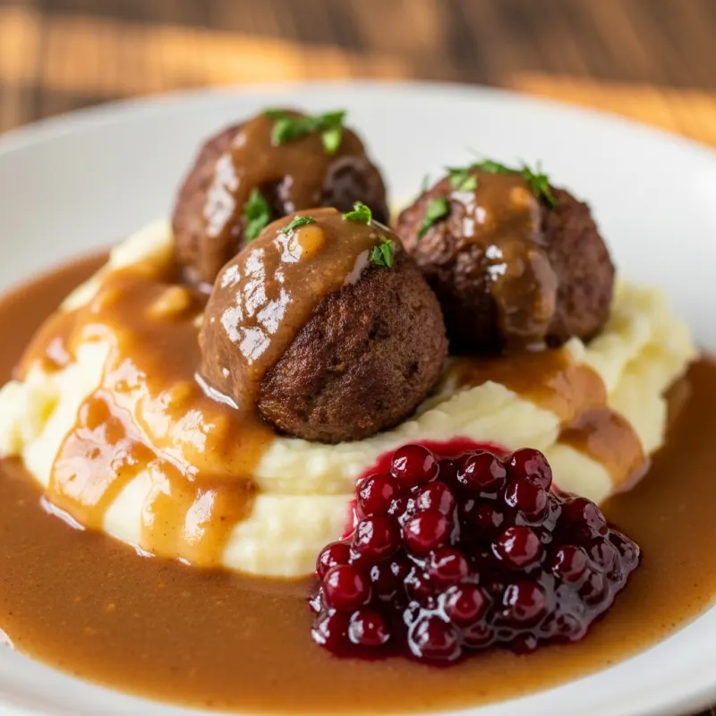 Plate of Swedish meatballs with mashed potatoes and lingonberry jam