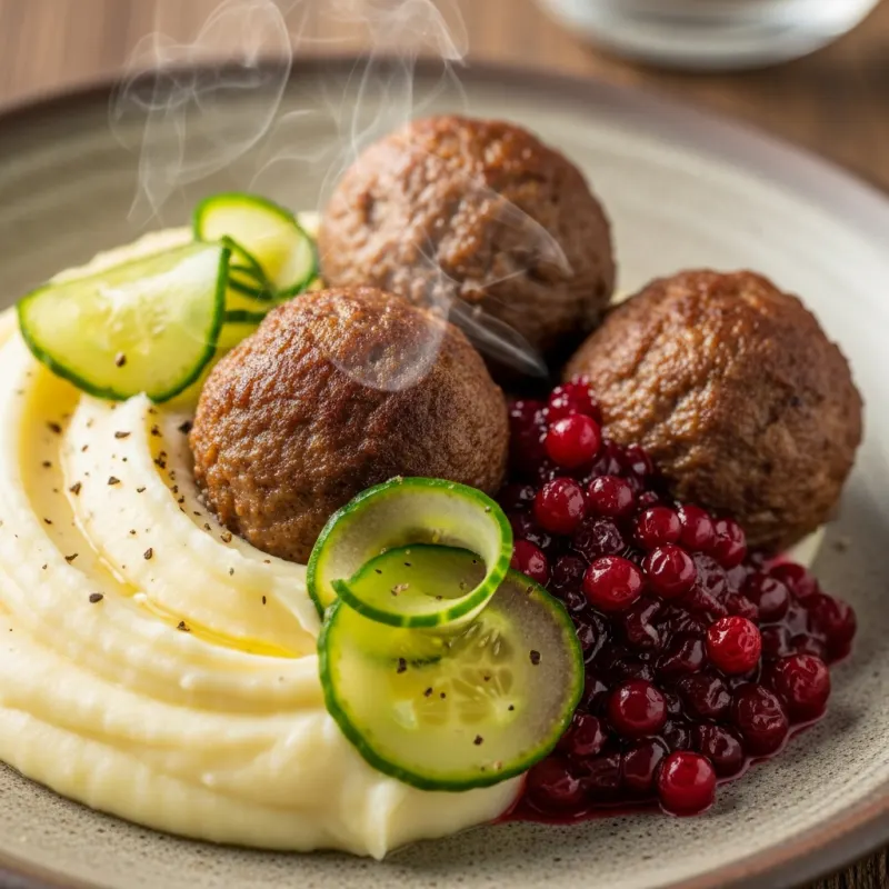 Traditional Swedish meatballs with mashed potatoes and lingonberry jam.