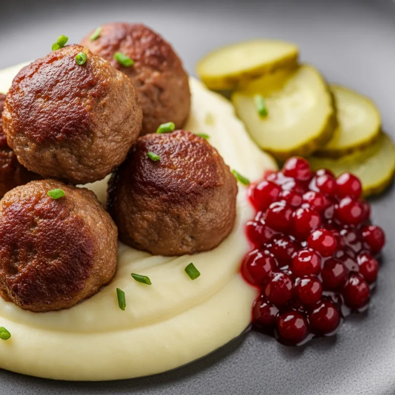 Plate of Swedish Köttbullar (meatballs) with mashed potatoes and lingonberry jam