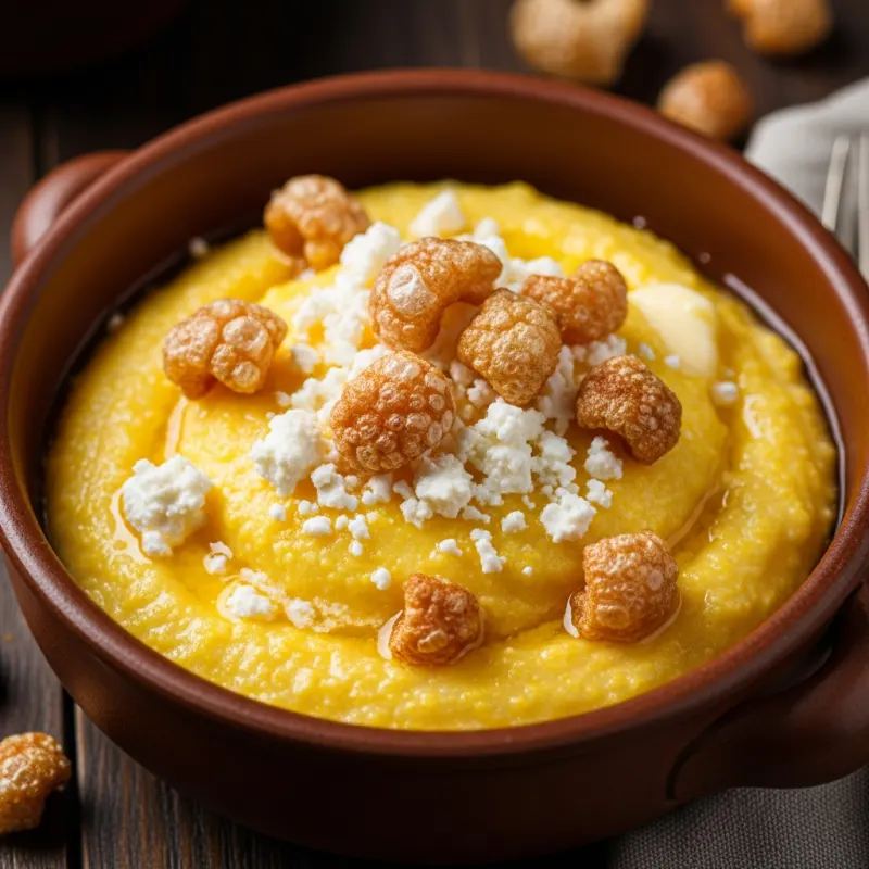 Traditional Bulgarian Kachamak with cheese and cracklings