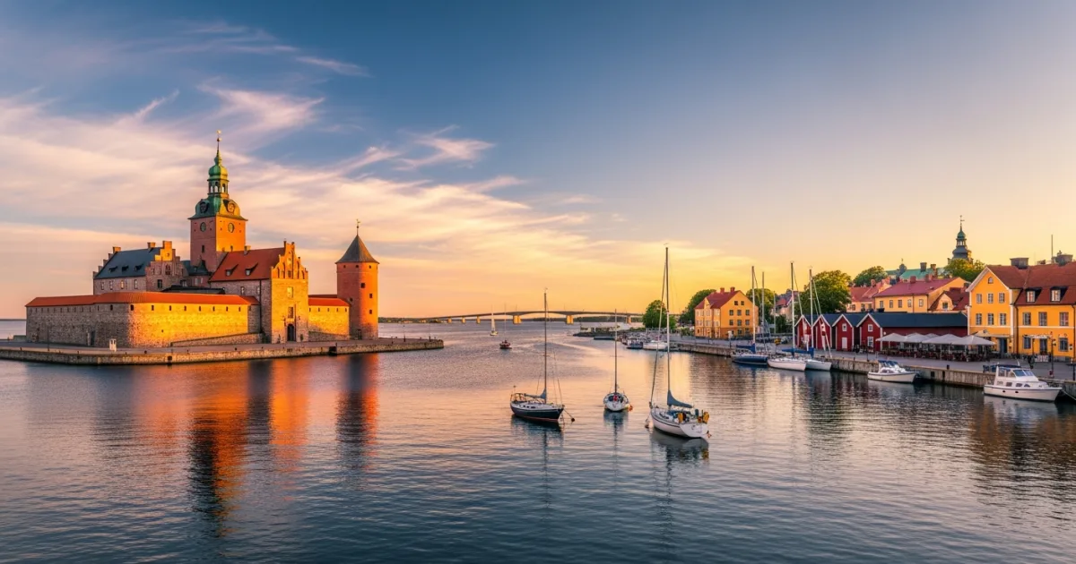 Panoramic view of Kalmar Castle and harbor at sunset