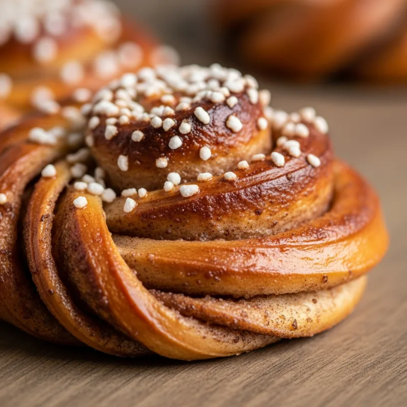 A freshly baked Swedish cinnamon bun (Kanelbulle) with pearl sugar.