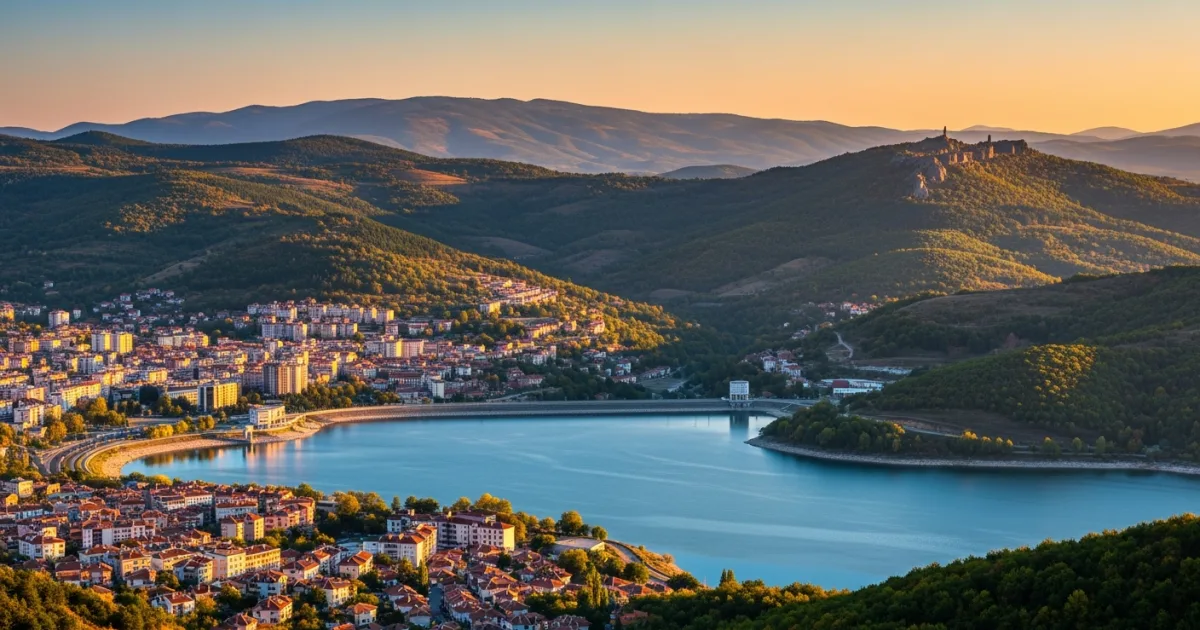 Panoramic view of Kardzhali city and Kardzhali Dam at sunset, with the Rhodope Mountains and Perperikon in the background.