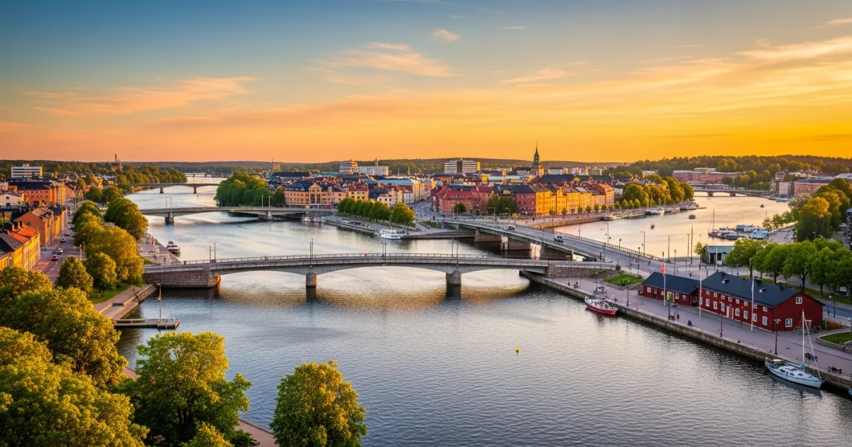 Panoramic view of Karlstad, Sweden, at sunset with the Klarälven river and city skyline.