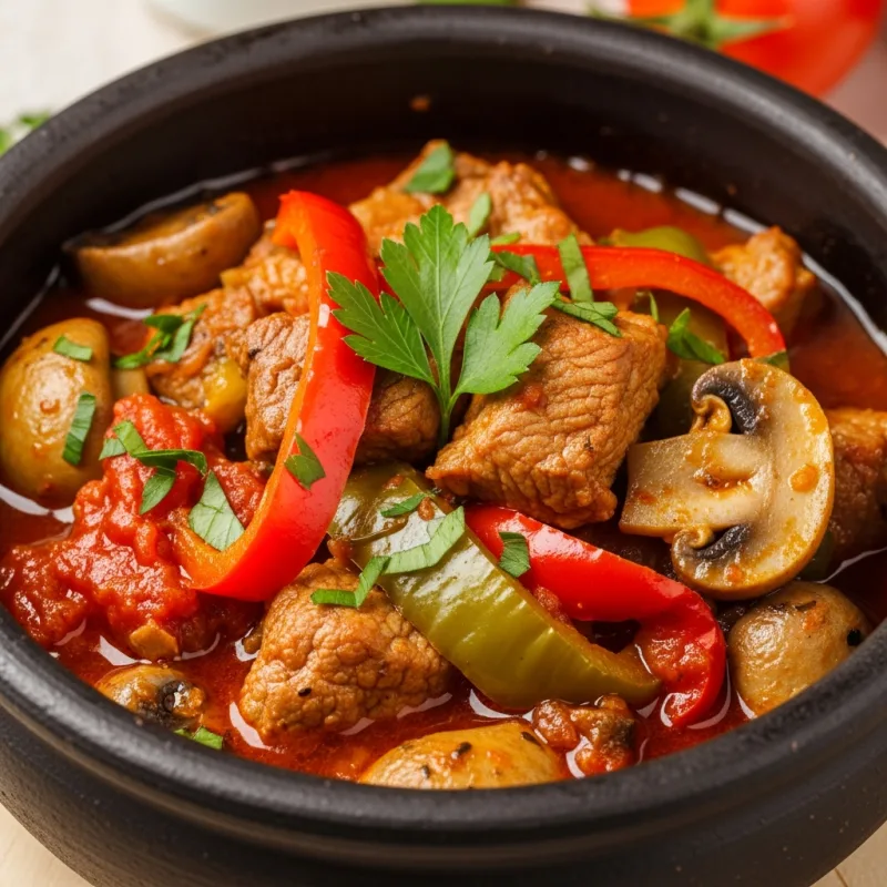 Traditional Bulgarian Kavarma stew in a clay pot