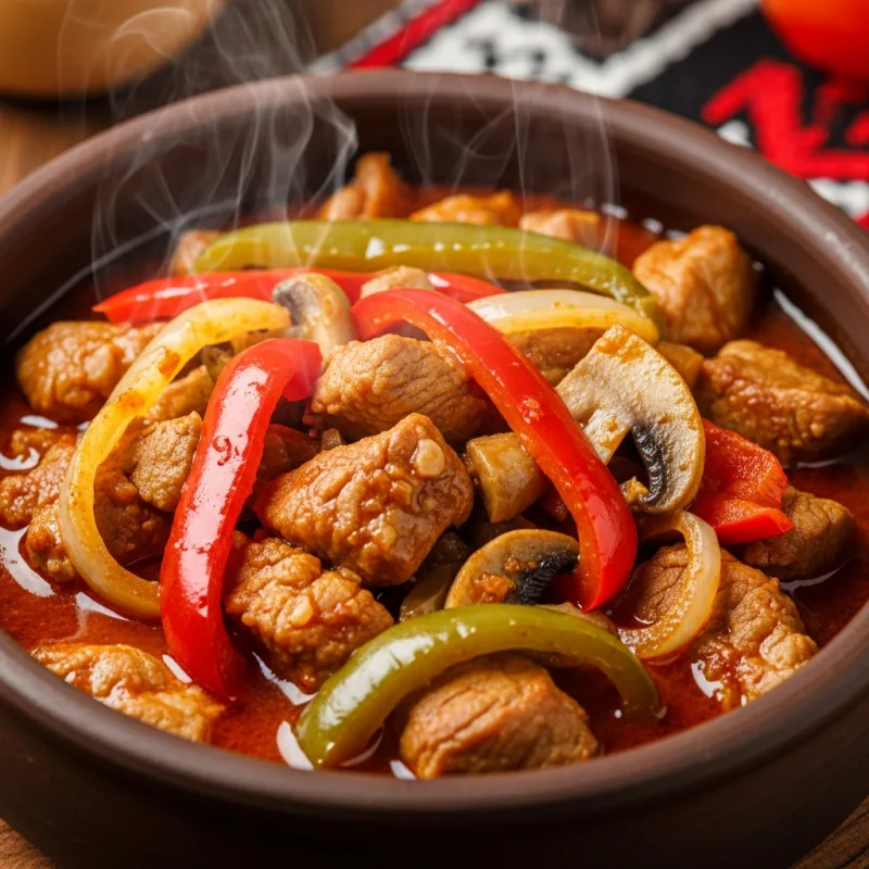Traditional Bulgarian Kavarma stew in a clay pot