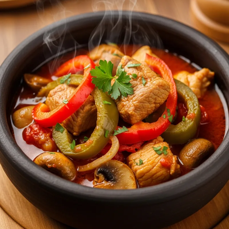 Traditional Bulgarian Kavarma stew in a clay pot