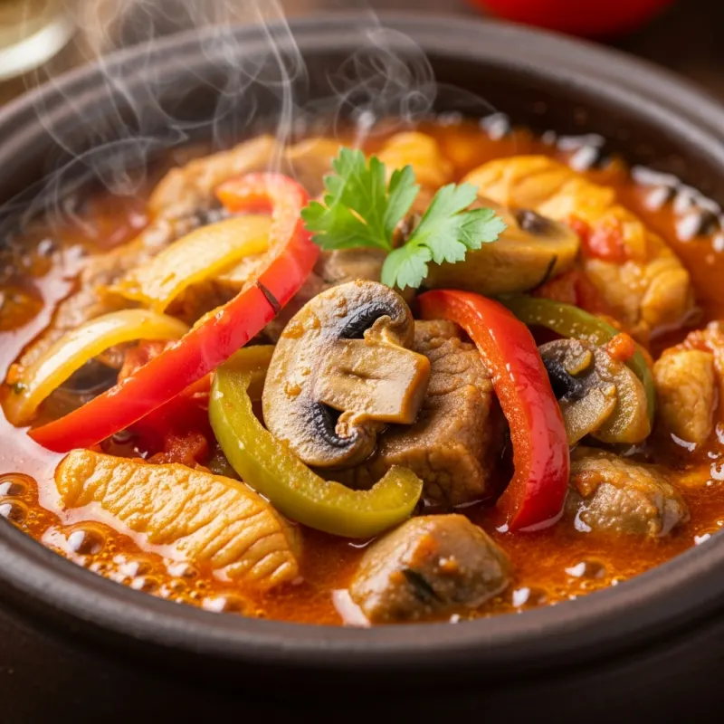 Traditional Bulgarian Kavarma stew in a clay pot