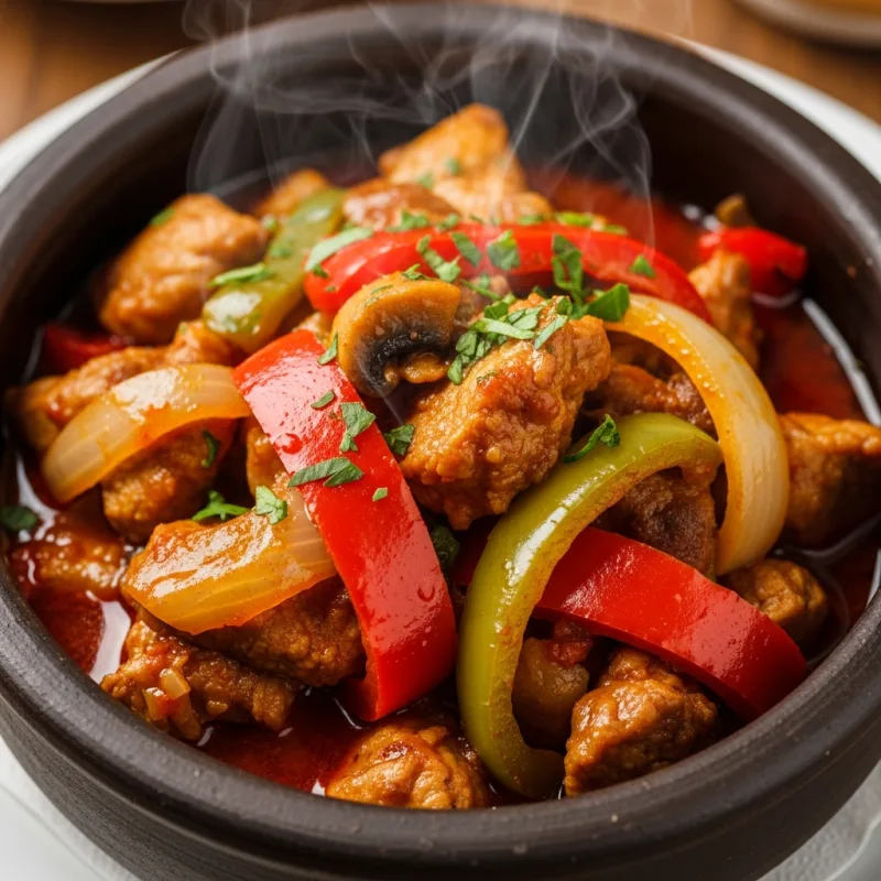 Traditional Bulgarian Kavarma stew in a clay pot