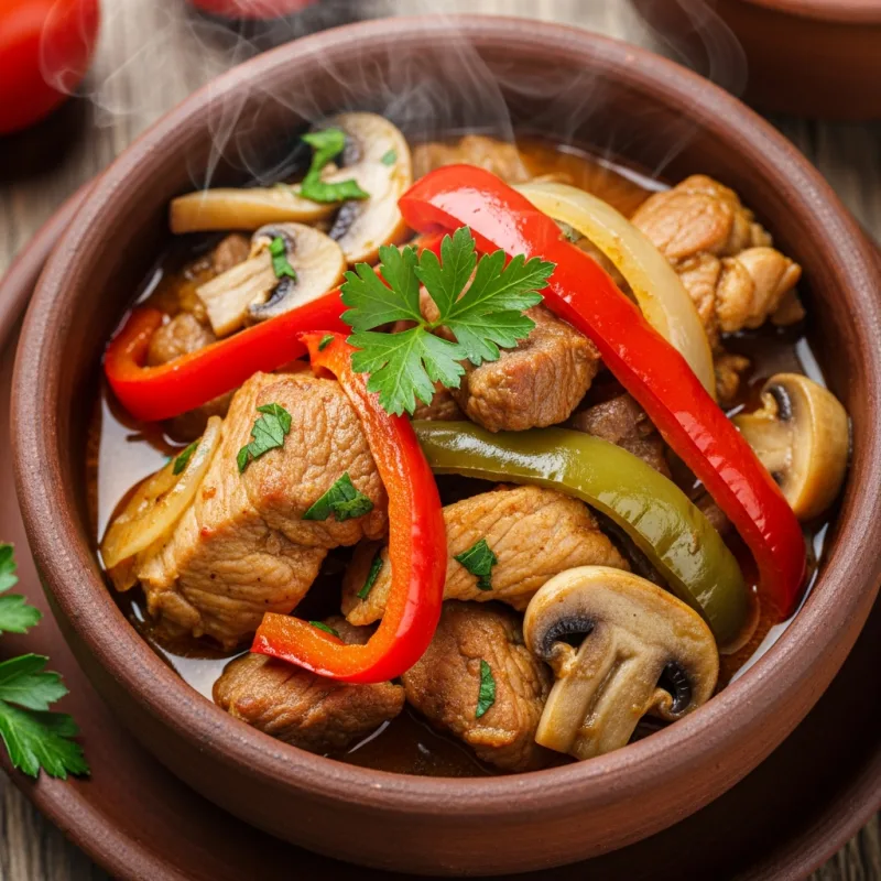 Traditional Bulgarian Kavarma stew in a clay pot