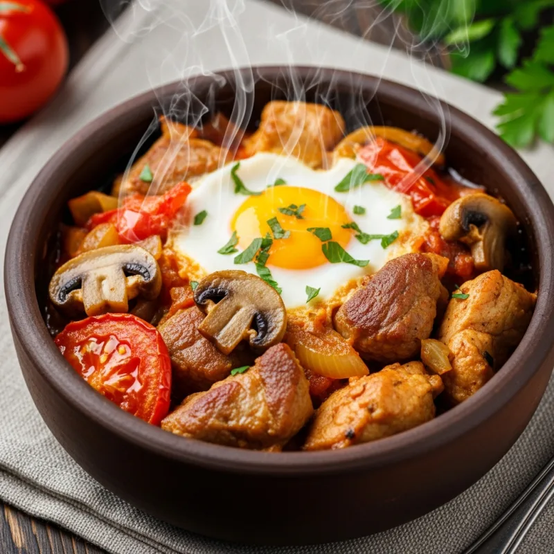 Traditional Bulgarian Kavarma stew in a clay pot