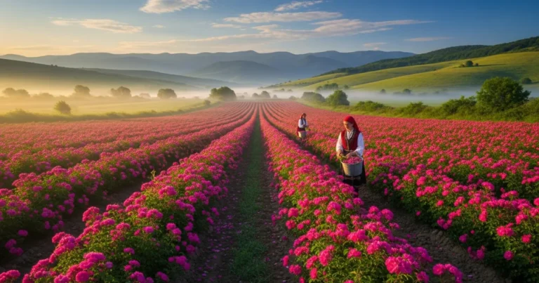 Kazanlak 19 Panoramic view of the Rose Valley in Kazanlak, Bulgaria, at sunrise with rose pickers
