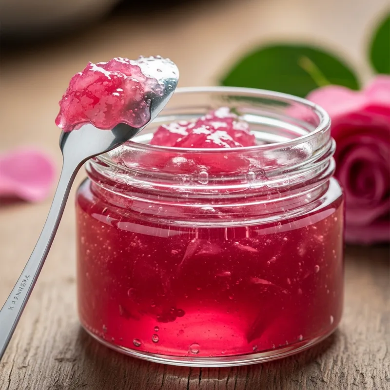 A jar of Kazanlashka Rose Jam with a spoon