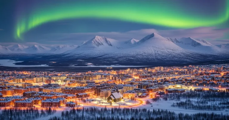 Kiruna 4 Aerial view of Kiruna, Sweden, at dusk with Northern Lights over snow-covered mountains and city lights.