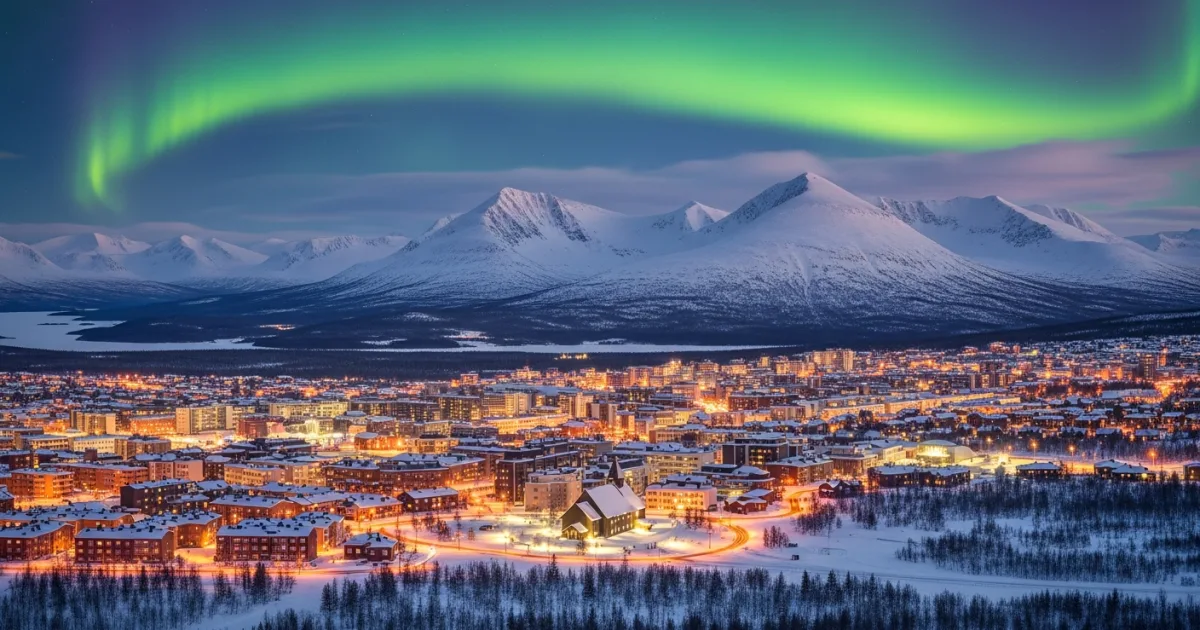 Aerial view of Kiruna, Sweden, at dusk with Northern Lights over snow-covered mountains and city lights.
