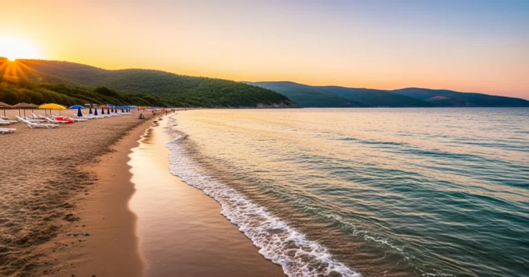 Kiten 3 Panoramic view of Atliman Beach in Kiten, Bulgaria, at sunset with golden light and calm waters.