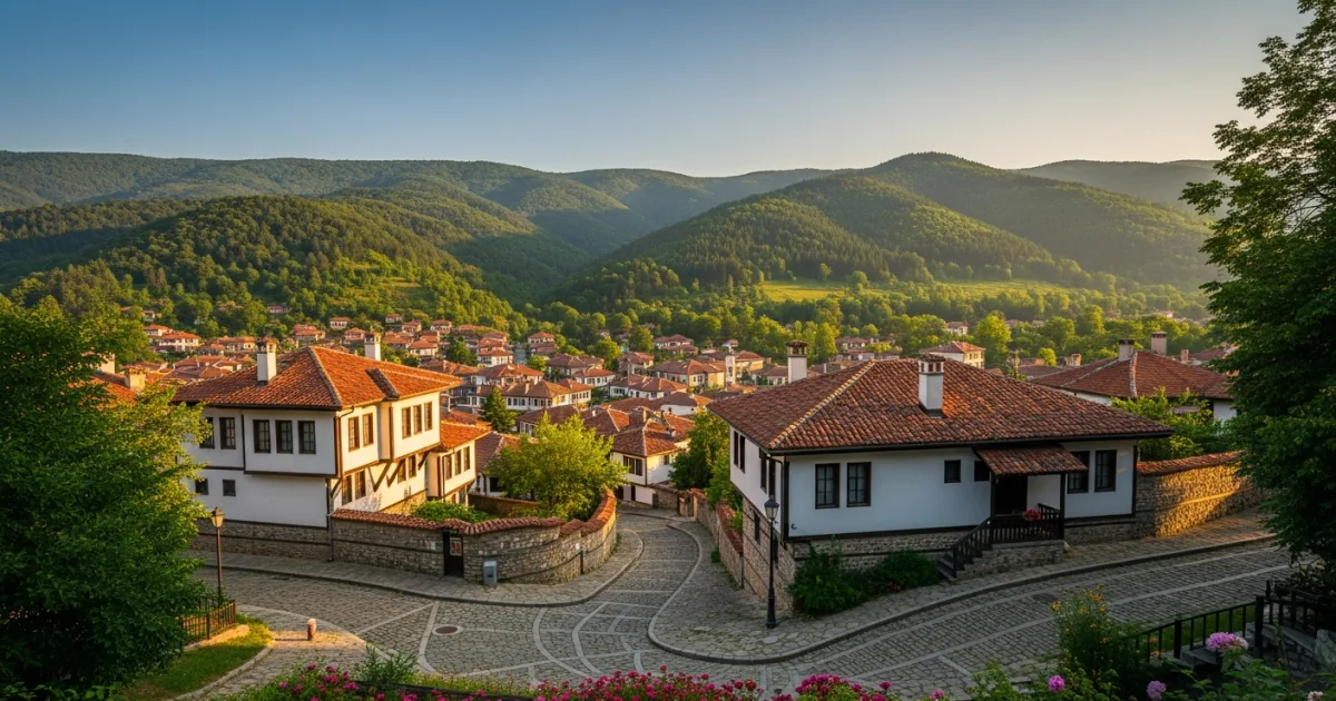 Panoramic view of Kotel, Bulgaria, with traditional houses and green mountains.