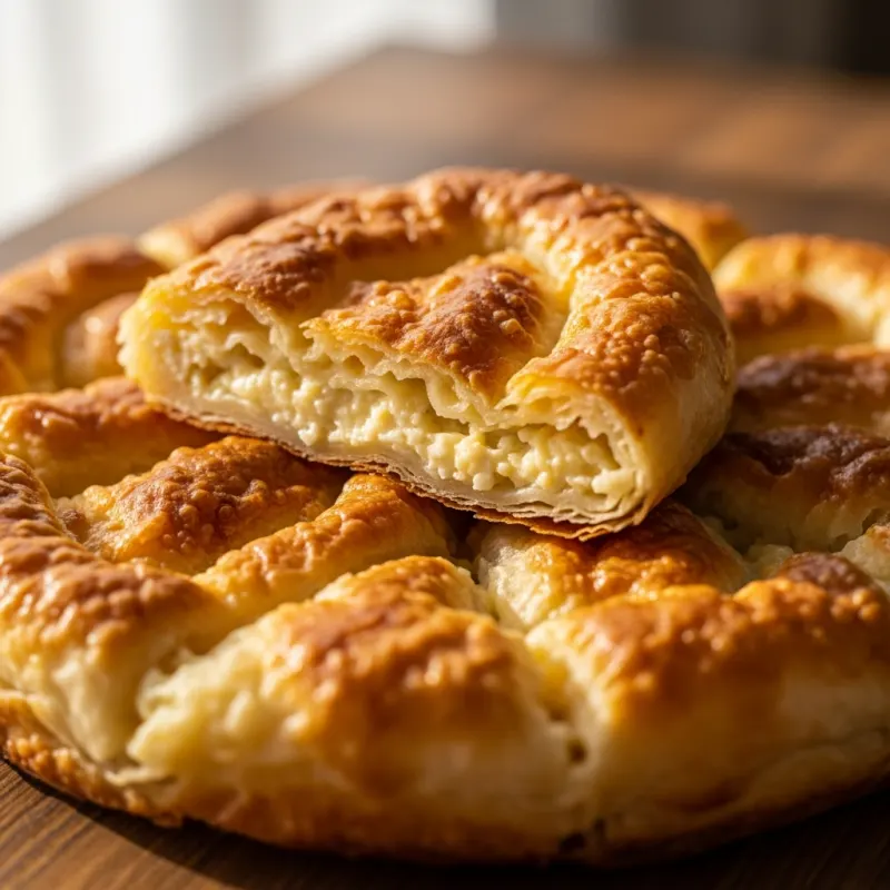 A golden, flaky slice of Kotlenska Banitsa, a traditional Bulgarian cheese pastry.