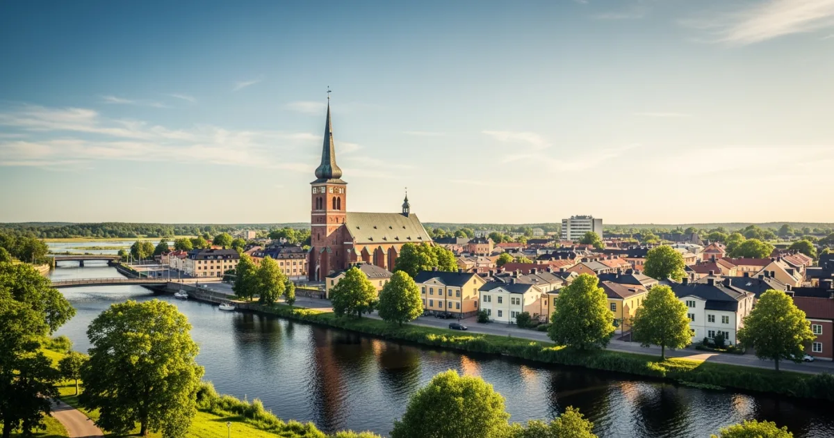 Panoramic view of Kristianstad with the Helgeå river and Holy Trinity Church